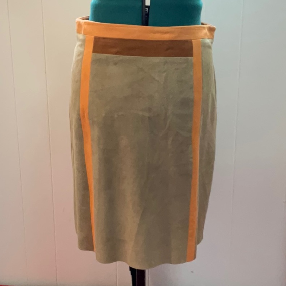 Etcetera Tan Suede Pencil Skirt with orange trim